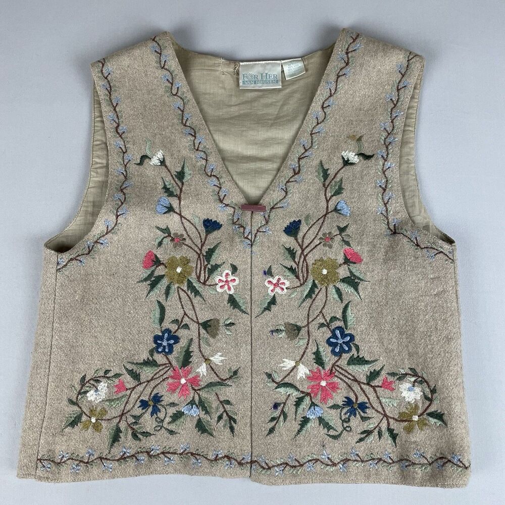Vintage Van Heusen Women's Large Embroidered Taupe Blue Pink Woven Vest Altered